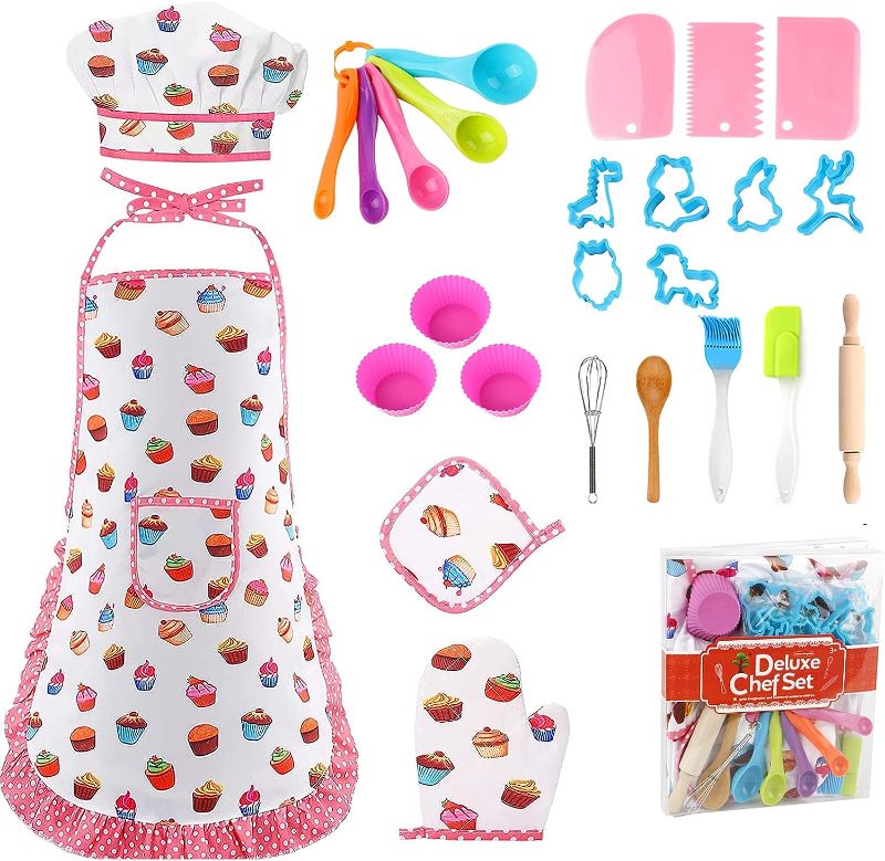 Photo 1 of Clheatky Kids Cooking and Baking Set 26PCS Kids Chef Set Apron Chef Hat Kids Chef Role Play Costume Dress Up Role Play Toys Pretend Play Cooking Baking Gifts Birthday Unisex Boys Girls (Pink)
