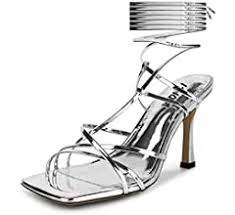 Photo 1 of ISNOM Lace Up Heels Sandals for Women, Square Toe, Open Toe Thong, Stiletto Heels Design - Sz 7
