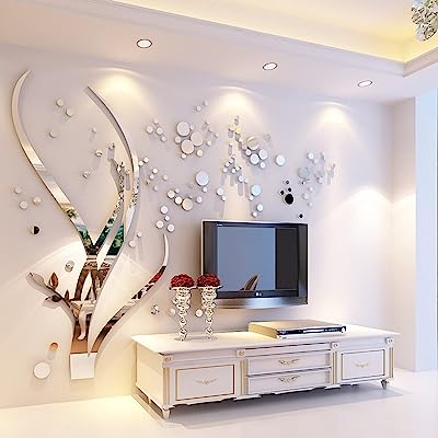 Photo 1 of 39 inch DIY Tree Acrylic Art 3D Mirror Flower Wall Sticker DIY Home Wall Decal Decoration Sofa TV Wall Removable Wall Sticker(Silver Left)
