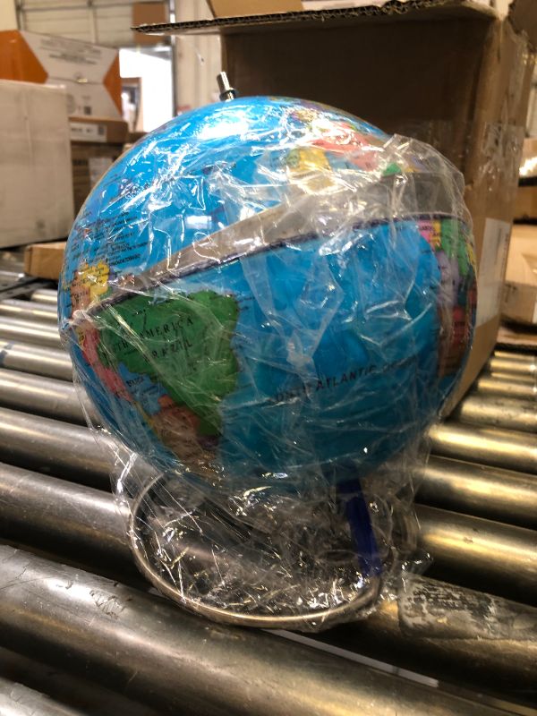 Photo 2 of 9" World Globe for kid & adult, Classroom & Office Desk, Geographic Globe with iron Stand, colorful Magnetic Push Pins & magnifier & handkerchief, 360° Horizontal Rotation Homeschool World Globe Blue