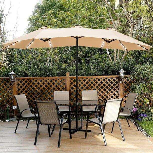 Photo 1 of Autlaycil Table Umbrella 15FT Double-Sided Patio Umbrella W/ Solar Lights, Outdoor Market Umbrella W/ Crank-Khaki
