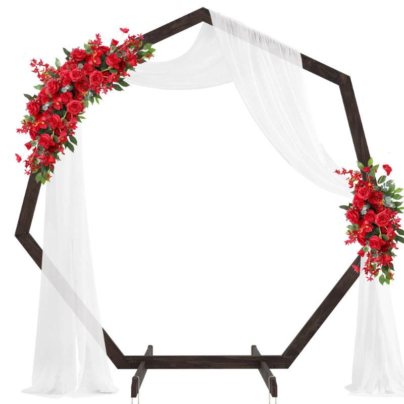 Photo 1 of Mugiden Wooden Wedding Arch 7.2ft Heptagon Wood Arch Wedding Arbor Backdrop Stand for Ceremony Rustic Wedding Birthday Parties Indoor and Outdoor Garden Decorations

