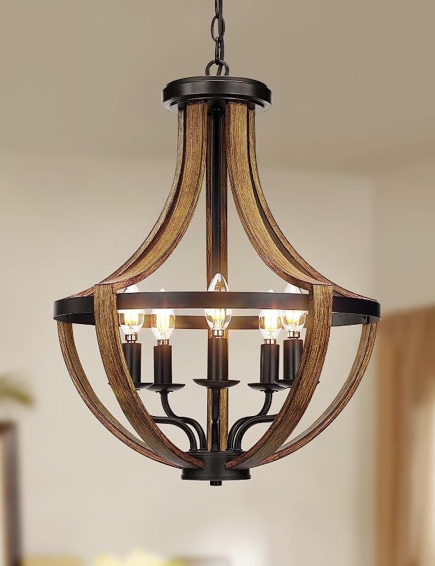 Photo 1 of 17.7" Modern Farmhouse Geometric Chandelier Light Fixture, 5-Light Adjustable Height Rustic Hanging Pendant Lighting for Dining Room Foyer Kitchen Island, ?Retro Wood Texture and Black Finish
DIRTY WHITE NOT BROWN****
