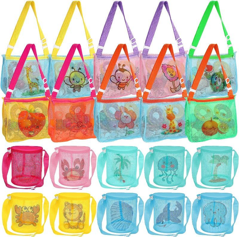 Photo 1 of 20 Pack Kids Mesh Beach Bag and Buckets Set Shell Collecting Bag Seashell Bag Pool Bag Travel Beach Totes with Zipper for Boys Girls Picking up Shells Sand Toys Rock Swimsuit Swimming Accessories
