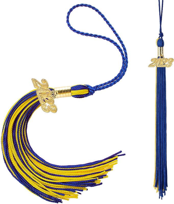 Photo 1 of 2 PCS Graduation Cap Tassel Charm 2023 Tassels for Graduation Cap 2023 Graduation Hat Decoration Tassel with The 2023 Year Gold Charms 9" Blue Gold