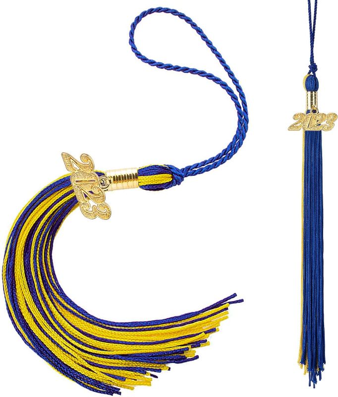 Photo 2 of 2 PCS Graduation Cap Tassel Charm 2023 Tassels for Graduation Cap 2023 Graduation Hat Decoration Tassel with The 2023 Year Gold Charms 9" Blue Gold