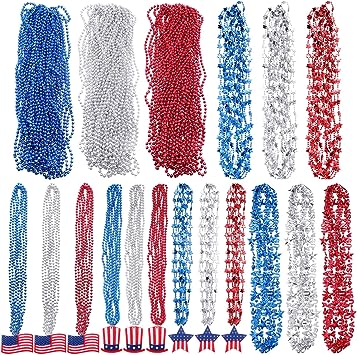 Photo 1 of 204 Pieces 4th of July Necklaces Bulk Patriotic Beads Necklaces Red White Blue Mardi Gras Beads USA Star Flag Bead Necklace with Pendants for Independence Day Memorial Day Party Parade Decorations