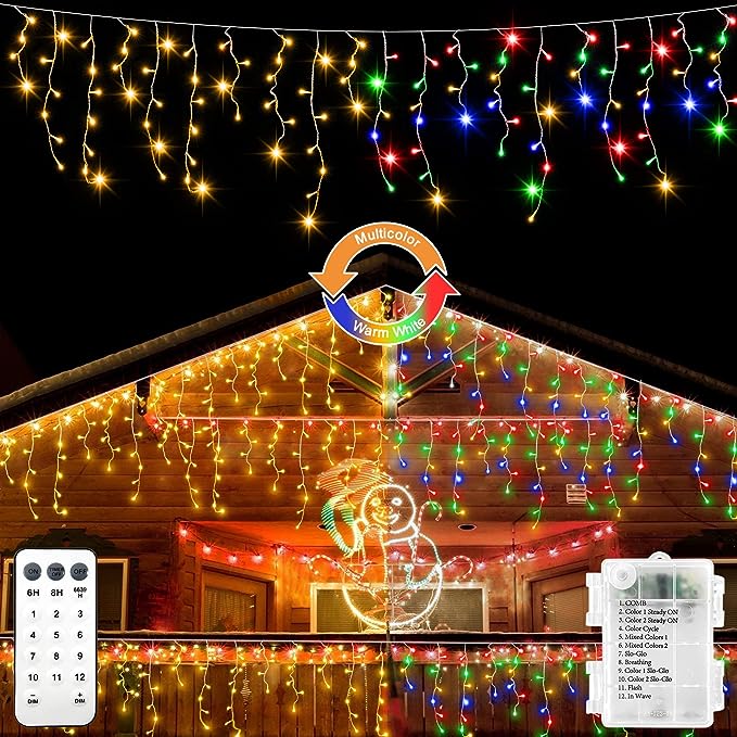 Photo 1 of echosari Christmas Icicle Lights Battery Operated, 102 LED Outdoor Icicle Lights Color Changing with Remote for Yard Wedding Holiday Outdoor Decoration (Warm White & Multi Colored)