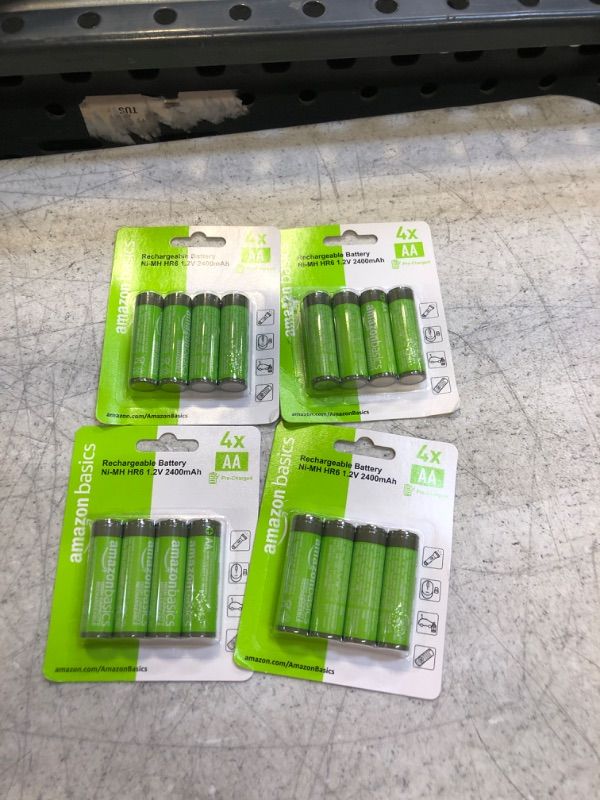 Photo 1 of  ( PACK OF 4 ) Amazon Basics 4-Pack Rechargeable AA NiMH High-Capacity Batteries, 2400 mAh, Recharge up to 400x Times, Pre-Charged 4 Count 