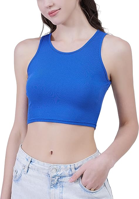 Photo 1 of Misng Women Basic Sleeveless Crop Tank Top,Summer Casual High Neck Rib-Knit Tops, Crop Tank Tops for Women SIZE S
