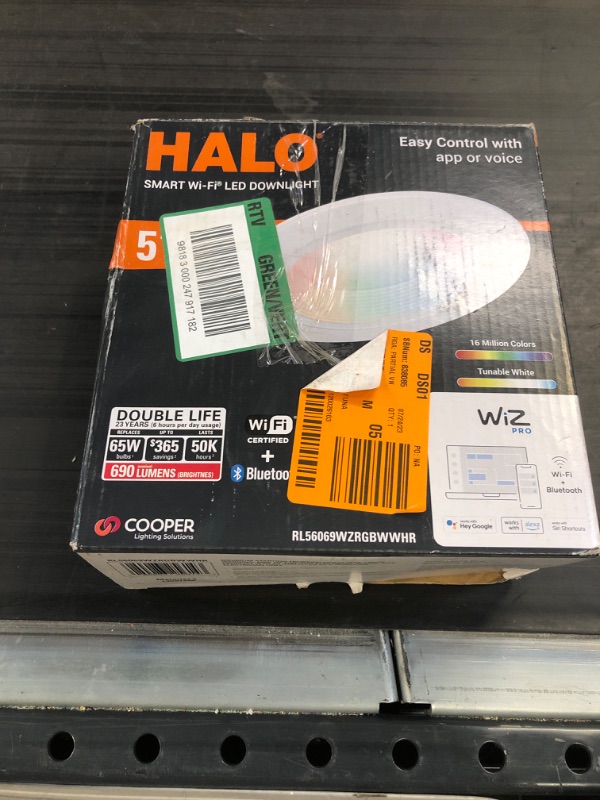 Photo 1 of HALO Color and Tunable White 5/ 6 inch Recessed LED Can Light –Smart Wi-Fi WiZ Pro Ceiling & Shower Retrofit Downlight 65W Equivalent - Pack of 1 5/6 inch White