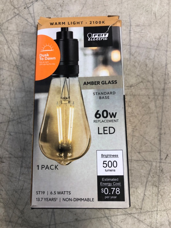 Photo 2 of 60-Watt Equivalent ST19 Straight Filament Dusk to Dawn Amber Glass E26 Vintage Edison LED Light Bulb, Warm White