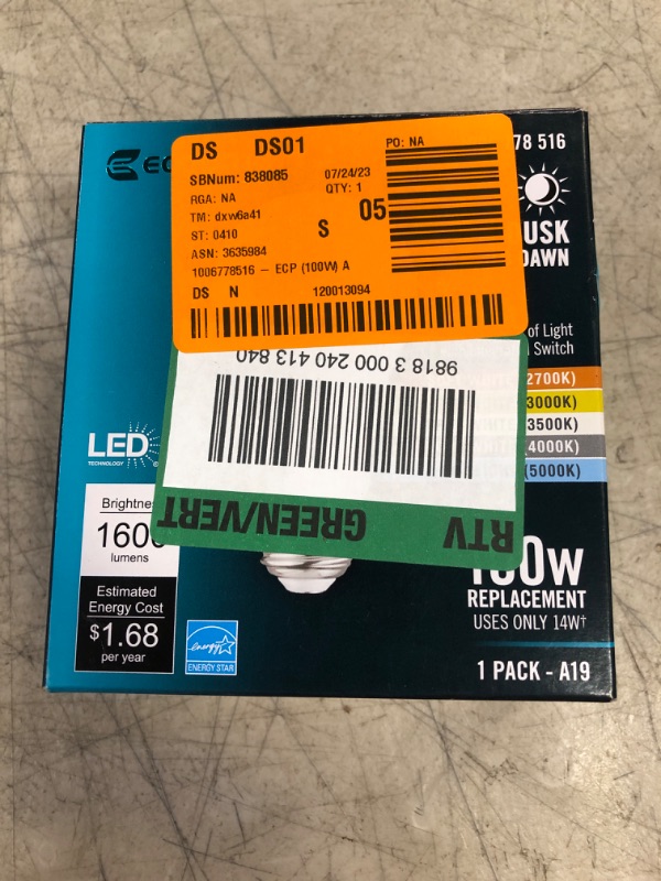 Photo 2 of 100-Watt Equivalent A19 Dimmable CEC Dusk to Dawn LED Light Bulb with Selectable Color Temperature (1-Pack)