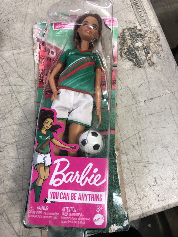 Photo 2 of Barbie Soccer Fashion Doll with Brunette Ponytail, Colorful #16 Uniform, Cleats & Tall Socks, Soccer Ball 11.5 inches Modern Multicolor