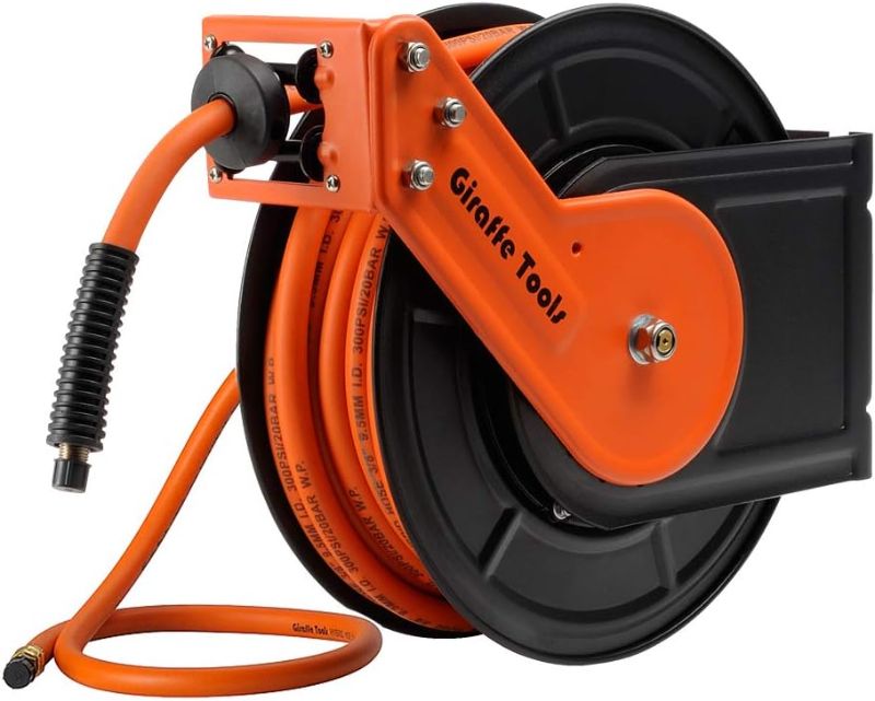 Photo 1 of Giraffe Tools TA15B Retractable Air Hose Reel Wall Mount 3/8" x 50 ft Hybrid Hose, Air Compressor Heavy Duty Steel Reel Auto Rewind 300PSI, 50ft, Tangelo
