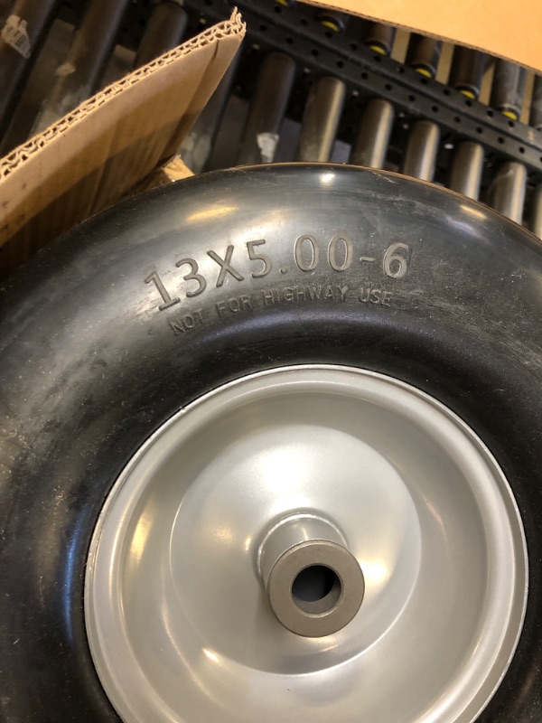 Photo 2 of 13x5.00-6 flat free tire and wheel, Zero-Turn Mower Front Solid Tire Assembly for Riding Lawn Mower Garden Tractor,3/4" Grease Bushing with Extra 5/8" Bushing,3.25"- 5.9" Center Hub (2 Pack)