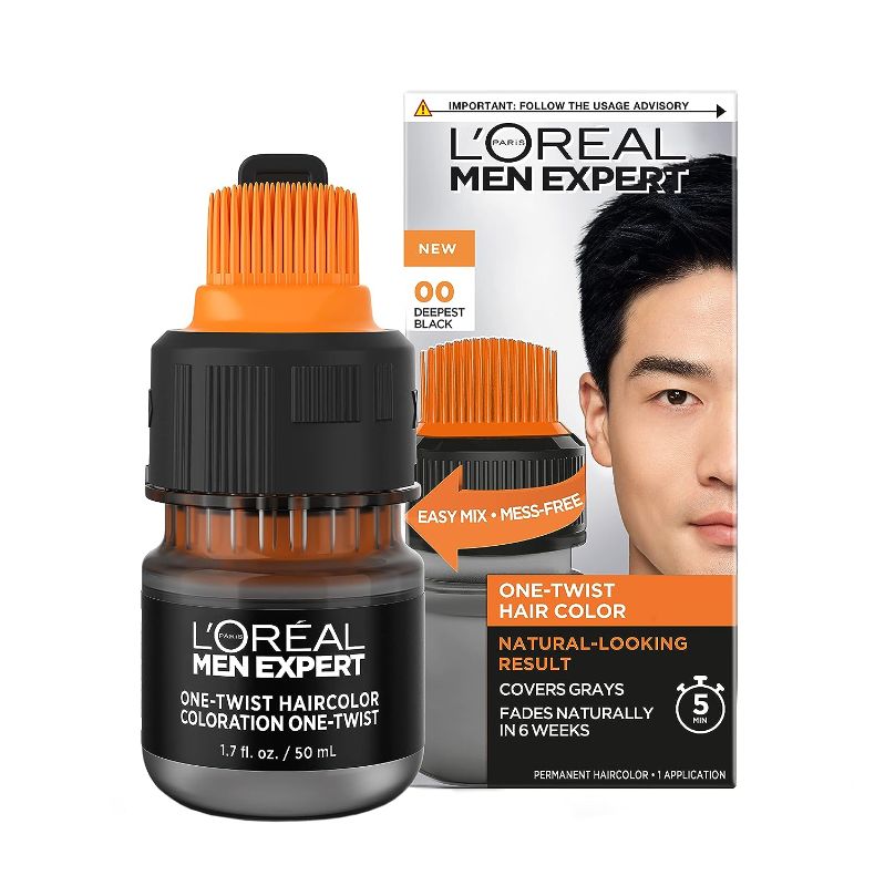 Photo 1 of L’Oréal Paris Men Expert One Twist Mess Free Permanent Hair Color, Mens Hair Dye to Cover Grays, Easy Mix Ammonia Free Application, Deepest Black 00, 1 Application Kit
