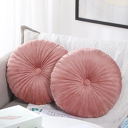 Photo 1 of 2 Pcs Round Throw Pillow 13.8 Inch Decorative Round Velvet Floor Pillows Small Pumpkin Throw Pillow Cushion for Living Room Sofa Bed (Pink)