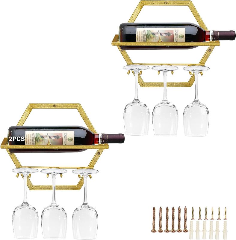 Photo 1 of YALINKA 2Pcs Wall Mounted Wine Bottle Stemware Rack, Metal Hanging Wine Display Holder with 3 Stemware Glass Organizer, Red Wine Racks for Home Kitchen Bar Decor (Gold)
