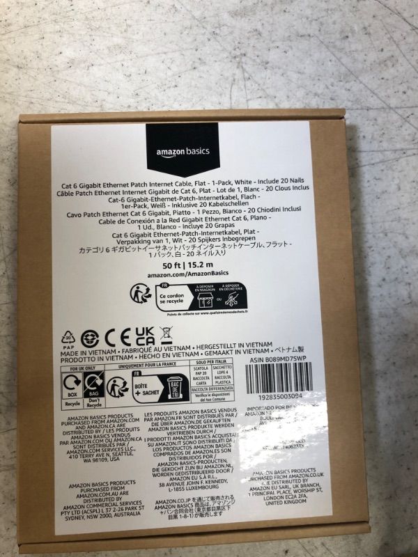 Photo 1 of Amazon Basics Cat 6 Gigabit Ethernet Patch Internet Cable, Flat - 50FT, 1Pack, White - Include 20 Nails 50-Foot White 1