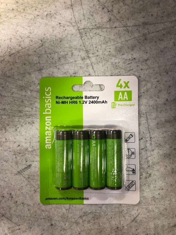 Photo 1 of Amazon Basics 4-Pack Rechargeable AA NiMH High-Capacity Batteries, 2400 mAh, Recharge up to 400x Times, Pre-Charged 4 Count (Pack of 1)