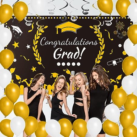 Photo 1 of 2023 Graduation Decorations Backdrop Banner, Large Congrats Grad Banner, 71"x43" Congratulations Banner+30PCS Ballons for School College Graduation Party Supplies Yard Banner Photo Booth Props Black