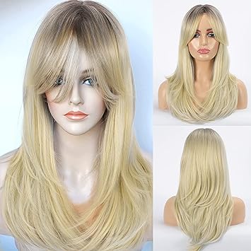 Photo 1 of LuoLeiNa Long Blonde Wig with Bangs for Women, Synthetic Layered Hair Shoulder-Length Heat Resistant Fibre Medium Length Wig with Dark Roots for Daily (Bangs Ombre Blonde)