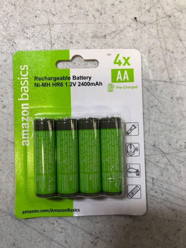 Photo 1 of Amazon Basics 4-Pack Rechargeable AA NiMH High-Capacity Batteries, 2400 mAh, Recharge up to 400x Times, Pre-Charged 4 Count (Pack of 1)