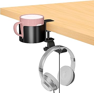 Photo 1 of 2 in 1 Desk Cup Holder with Headphone Hanger 360°Rotation Headphone Holder Easy to Install for Desk Table in Office Cup Holder Tray for Coffee Mug, Water Bottles