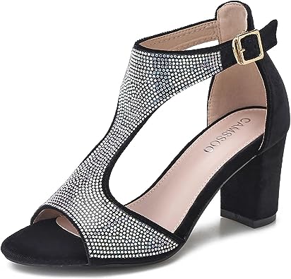 Photo 1 of CAMSSOO Women's T-Strap Rhinestones Heeled Sandals Open Toe Wedding Party Sexy Dress Wedding Block Chunky Heels Pumps 7