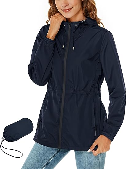 Photo 1 of Avoogue Womens Raincoat Waterproof Rain Jacket Lightweight Packable Hooded Rain Coat Outdoor Active Pocket Windbreaker XL