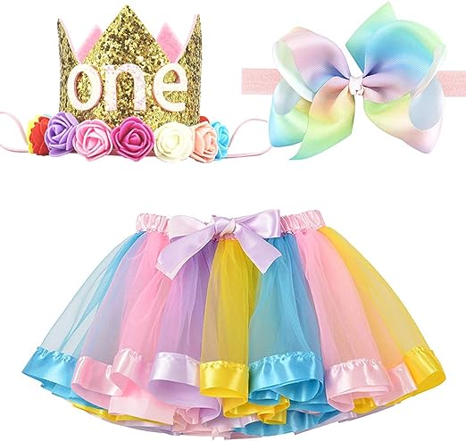 Photo 1 of BGFKS Newborn Baby Girls 1st Birthday Photography Outfit Sets Layered Rainbow Tutu Skirt with Hairbow and Crown Headband