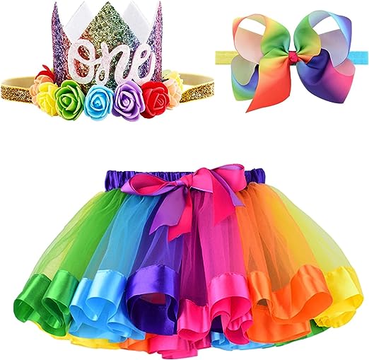 Photo 1 of BGFKS Newborn Baby Girls 1st Birthday Photography Outfit Sets Layered Rainbow Tutu Skirt with Hairbow and Crown Headband