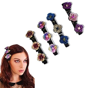 Photo 1 of 2 PACK --- 4PCS Sparkling Crystal Stone Braided Hair Clips, Four-Leaf Clover Satin Fabric Rhinestone Leaf Hair Clip with 3 Small Clips, Small Chopped Hairpin Duckbill Clip with Rhinestones For Women/Girls (4PCS)