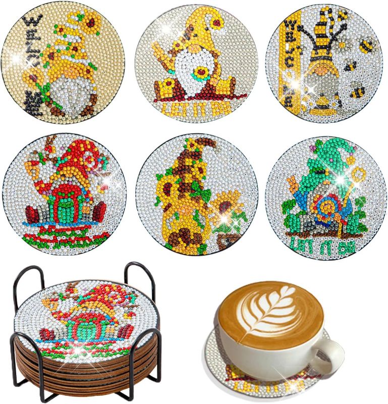 Photo 1 of 6PCS Diamond Painting Coasters Kits Gnome for Adults Beginners,Spring Diamond Art Coasters with Holder Kit for Kids,Small Diamond Dots Paintings Diamonds Dotz Stickers for Home Decor Party Gift