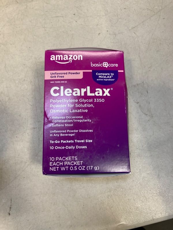 Photo 1 of Amazon Basic Care ClearLax, Polyethylene Glycol 3350 Powder for Solution, Osmotic Laxative, 0.5 Ounce each, 10 Count (Pack of 1) exp- 05/2024