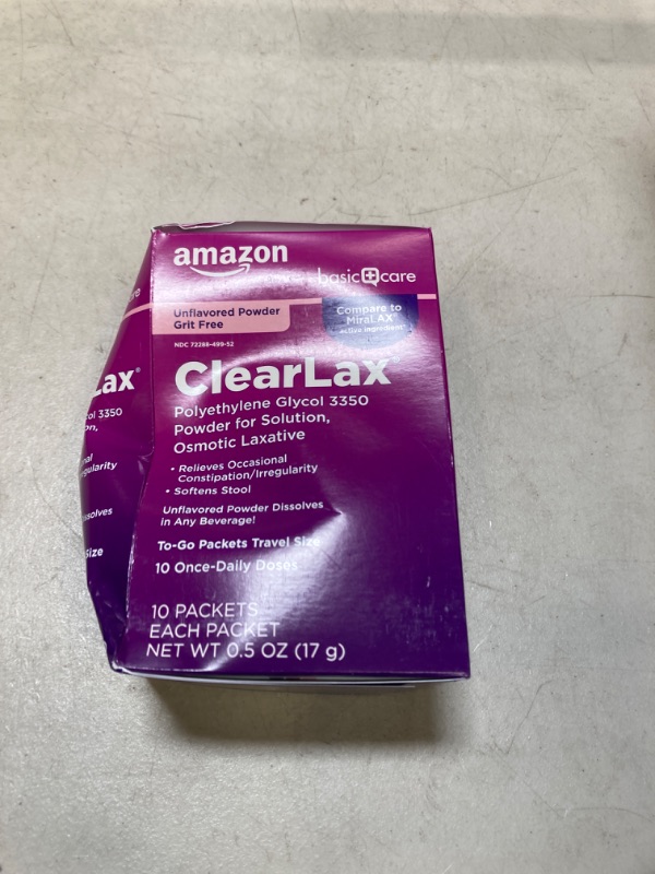 Photo 2 of Amazon Basic Care ClearLax, Polyethylene Glycol 3350 Powder for Solution, Osmotic Laxative, 0.5 Ounce each, 10 Count (Pack of 1) exp- 05/2024