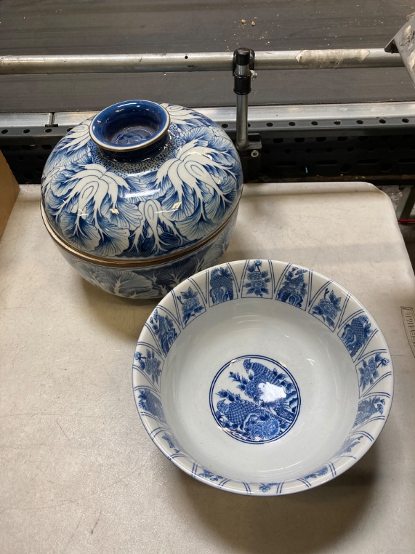 Photo 1 of 2- VINTAGE BLUE & WHITE PORCELAIN LIDDED JAR & BOWL 