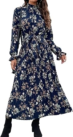 Photo 1 of HAOKEKE Women's Floral Print Dress Long Sleeves Fungus Flare Round Neck A-line Dress xl