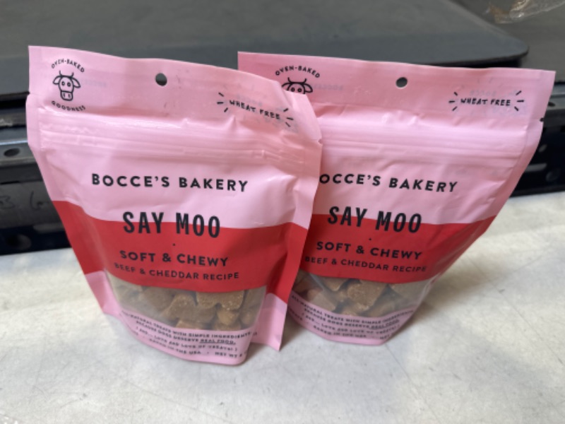 Photo 2 of 2Pack Bocce's Bakery Oven Baked Say Moo Treats for Dogs, Wheat-Free Everyday Dog Treats, Made with Real Ingredients, Baked in The USA, All-Natural Soft & Chewy Cookies, Beef & Cheddar Recipe, 6 oz---exp date 09-2024