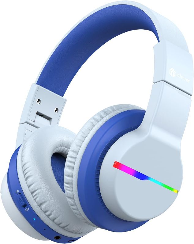 Photo 1 of iClever BTH12 Kids Bluetooth Headphones,Colorful LED Lights Wireless Kids Headphones,74/85/94dB Volume Limited,55H Playtime,Bluetooth 5.2,Over Ear Headphones Built-in Mic for iPad/Tablet/Airplane,Grey