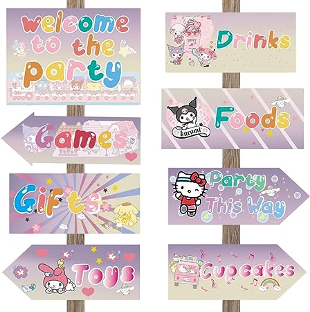 Photo 1 of Sanrio Birthday Decorations, 16PCS Sanrio Party Directional Signs, Hello Kitty, Kuromi, Cinnamoroll, My Melody Directional Signs for Sanrio Themed Party, Welcome Signage for Kids Baby Shower Birthday