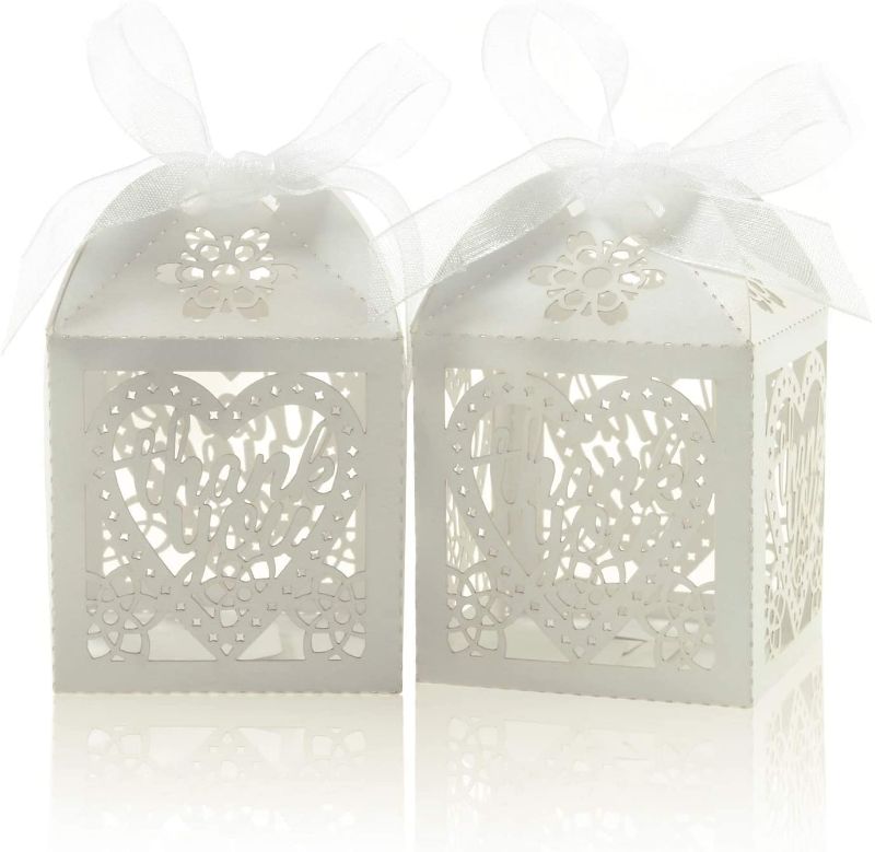 Photo 1 of 50 Pcs Laser Cut Wedding Favor Boxes with 50 Pcs Thank You Tags with String, Laser Cut Wedding Party Favor Boxes, White Paper Heart Gift Box with Bow Ribbon for Candy Baby Bridal Shower Weddings