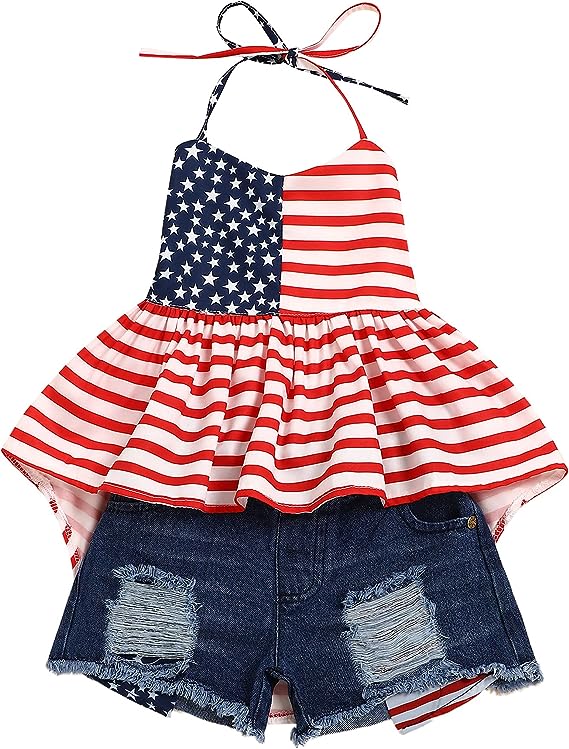 Photo 1 of 1/2 y--bilison 4th of July Toddler Girls Summer Outfits American Star Strap Backless Top Short Jeans Independent Day Outfit Set