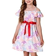 Photo 1 of blibean Girl Summer Boho Sundress Kid Ruffle Sleeve Dresses Strap Bow Dressy Outfits Tween Fancy Clothes Party Clothing Size 12-13 Years Old Purple