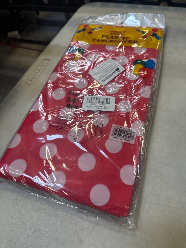 Photo 2 of 3 Pack Red Polka Dot Plastic Tablecloth 54"x108" Inch Polka Dot Table Cover for Catering, Food Service, Buffets, Family Reunions and Other Occasional Parties/Events Decorations.