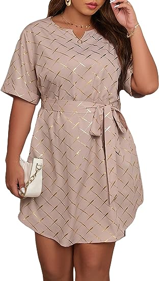 Photo 1 of Cozyease Women's Plus Size Grid Print Belted Dress Notched Neck Half Sleeve Tunic Dress
