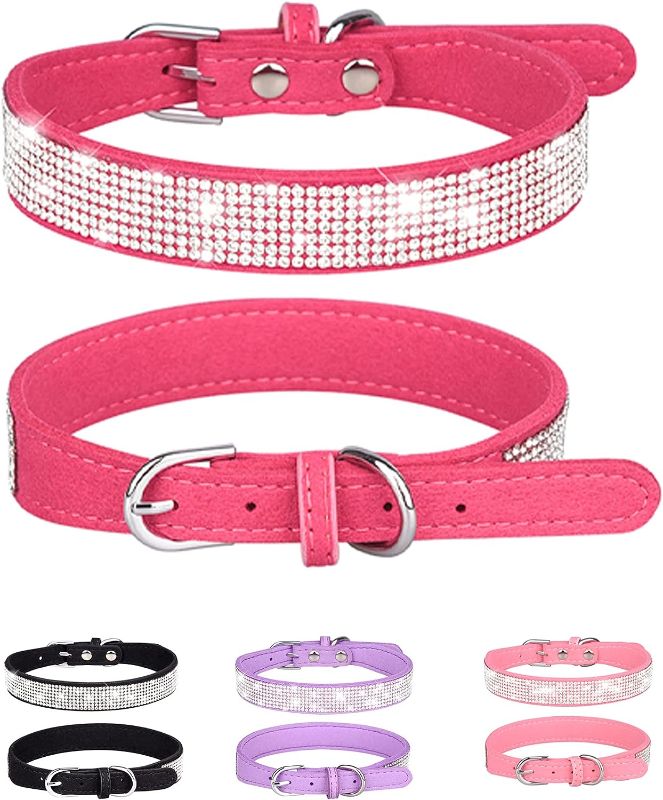 Photo 1 of Dog Collar for Small Dogs, Adjustable Leather Suede Bling Dog Collars?Rose Red Dog Collar Cat Collar, Rhinestone Dog Collar (S, Rose red)
