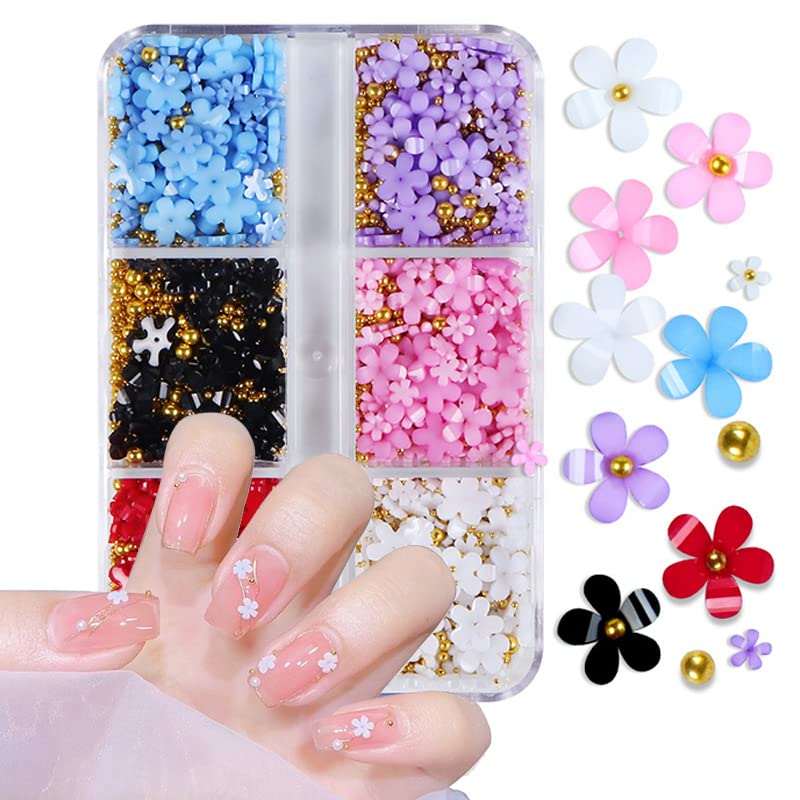 Photo 1 of 3D Flower Nail Charms, 6 Grids Colorful Flower 3D Nail Rhinestone Kit for Acrylic Nails White Black Pink Cherry Blossom Crystal Nail Art Stud with Pearls Manicure Tips DIY Nail Decorations
