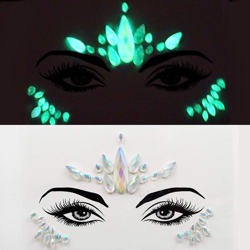 Photo 1 of fluorescent face gems makeup glow in the dark face jewels pastie fluorescence crystals rhinestone tattoo stickers forehead jewelry(tp344 flower)
